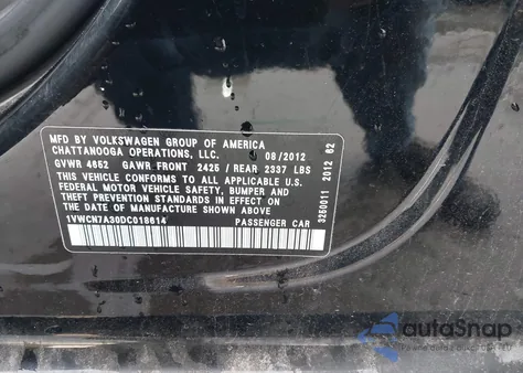 2013 Volkswagen Passat 2.0L Tdi Sel Premium z USA, uszkodzony, nr VIN 1VWCN7A30DC018614